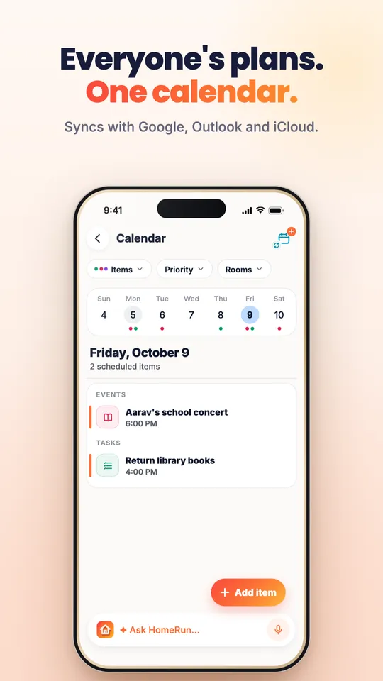 Home Run family calendar with a school concert and a library reminder