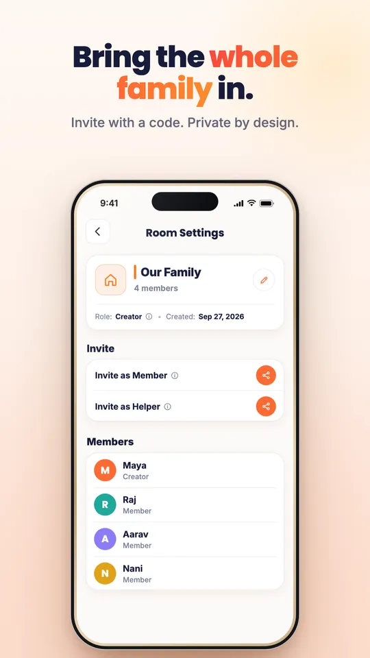 Home Run room settings with family members and invite options